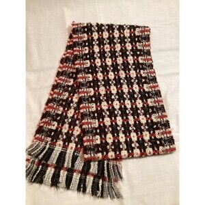 V. FRAAS GERMANY Black White Red Plaid Fringed Scarf 68" X 10" Acrylic RN#66349